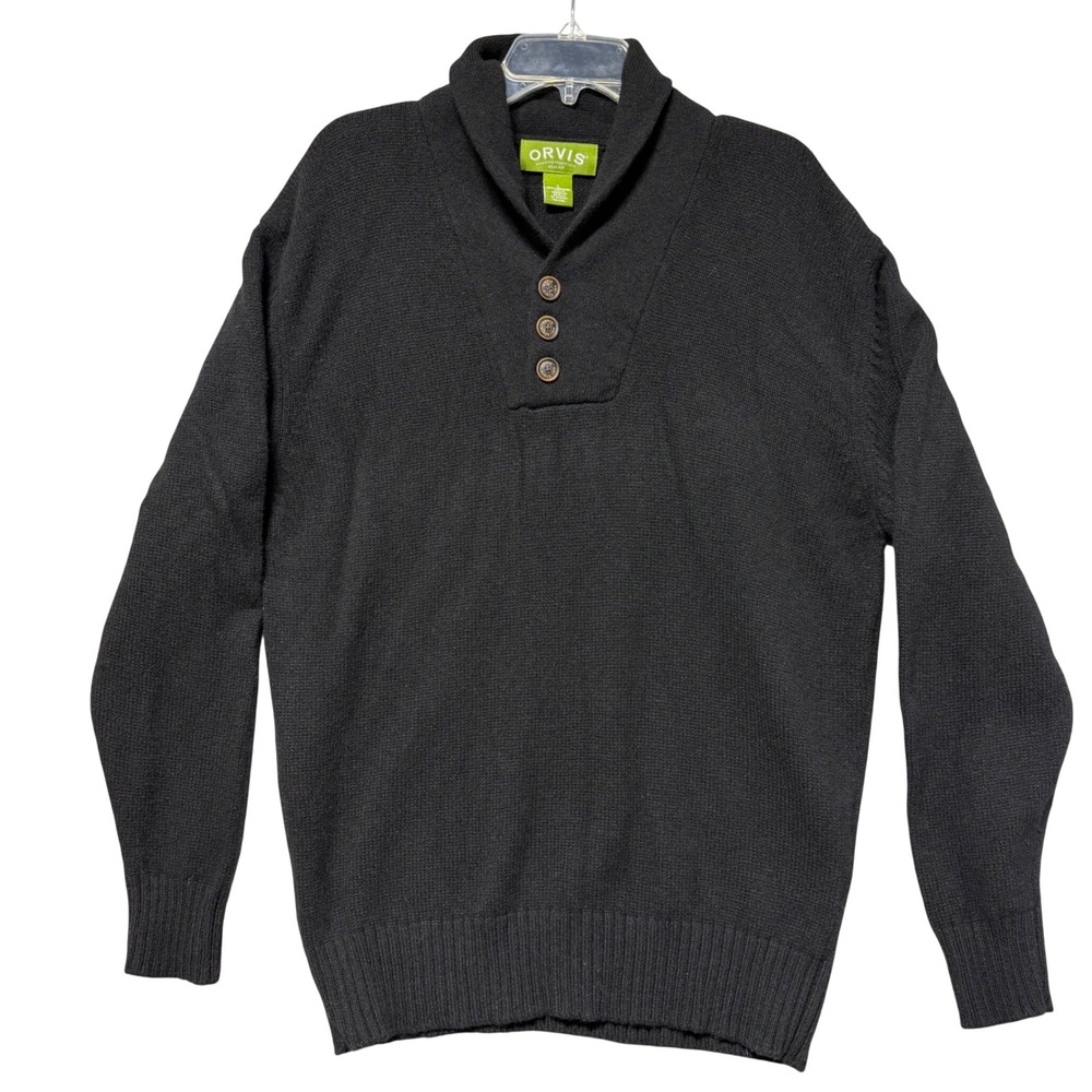Orvis Mens Shawl Collar Lambswool Sweater Charcoal Black 3-Button Knit Large